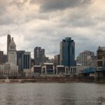 Панорама Цинциннати с подвесным мостом Roebling Bridge